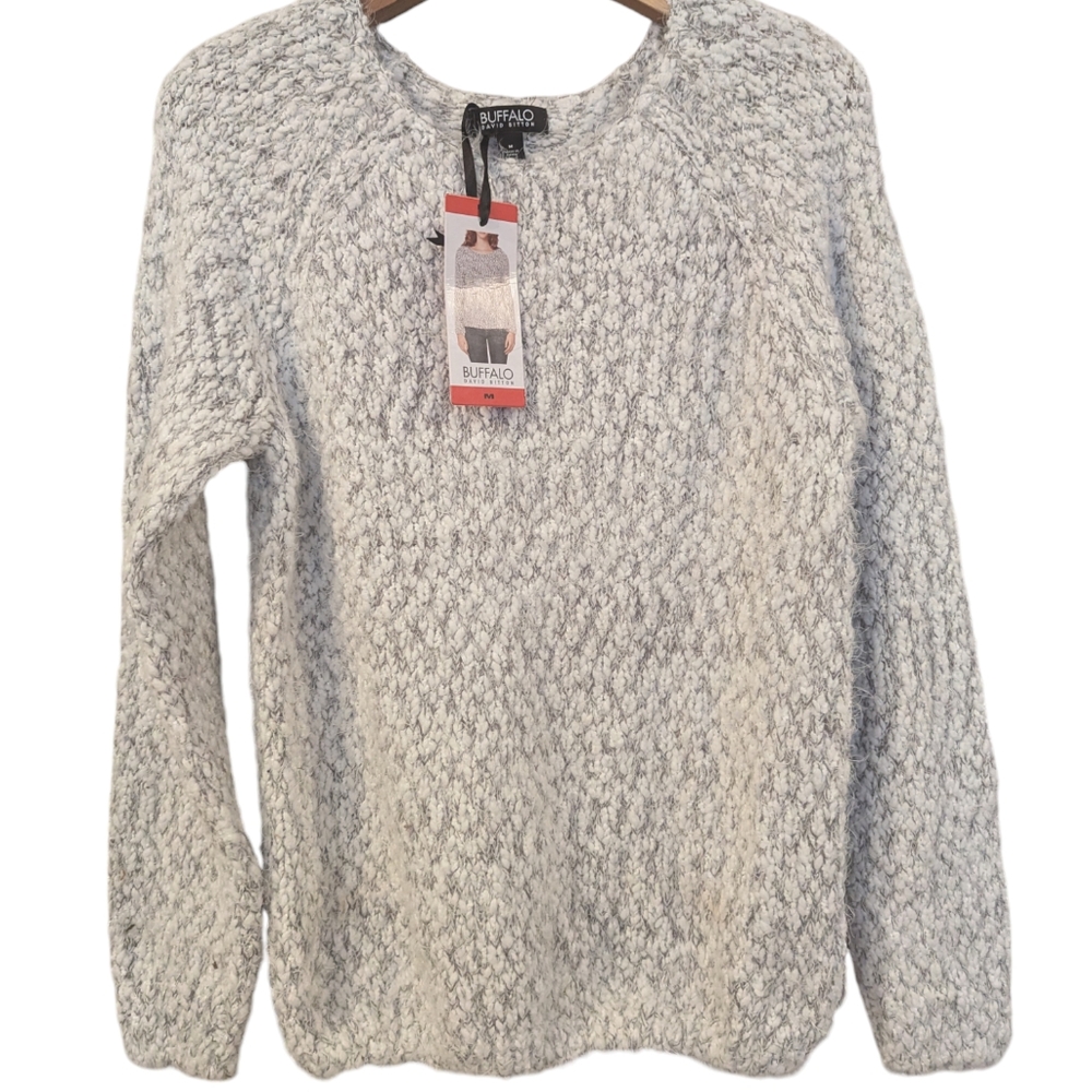 BUFFALO David Button Loose Knit Eyelash Sweater Medium Grey White